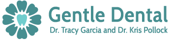 The image shows a logo with text reading GENTLE DENTAL SMILES on a light blue background, accompanied by a graphic element resembling a smile or sunburst at the top right corner.